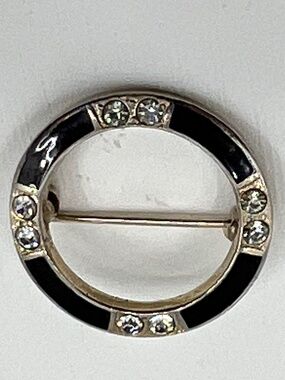 Vintage, Art Deco Enameled Silvertone Circle Brooch/Pin with Rhinestones